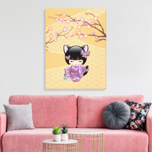 Neko Kokeshi Puppe - Mädchen mit Katzenohren und G Leinwanddruck