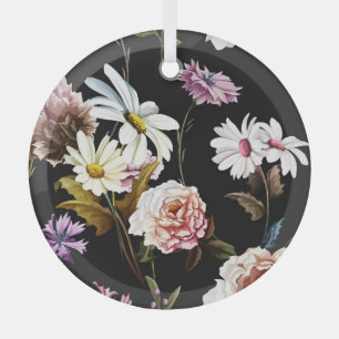 Nelke, Kamille Blume, schwarzes Muster. Ornament Aus Glas
