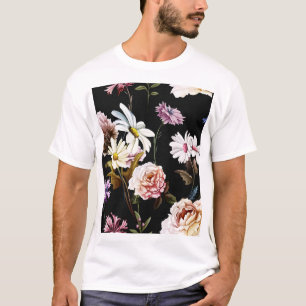 Nelke, Kamille Blume, schwarzes Muster. T-Shirt
