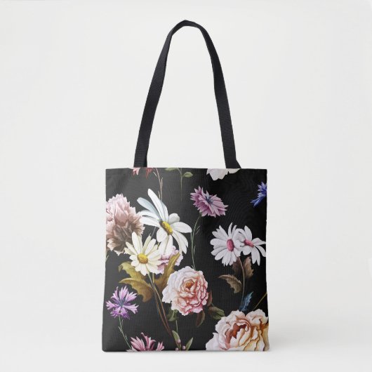 Nelke, Kamille Blume, schwarzes Muster. Tasche (Vorderseite)