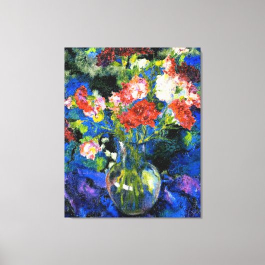 Nelken in einer runden Glasvase Leinwanddruck (Vorderseite)