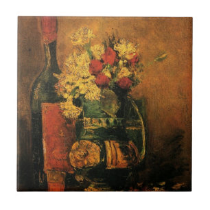 Nelken, Rosen und eine Flasche von Vincent van Gog Fliese