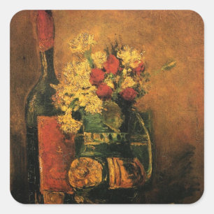 Nelken, Rosen und eine Flasche von Vincent van Gog Quadratischer Aufkleber