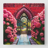 Nelken und Tor: Willkommen im Geheimgarten Quadratische Wanduhr (Vorderseite)