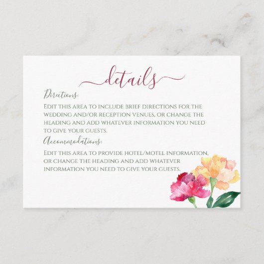 Nelken & Vergessen Sie mir keine Hochzeitsdetails Begleitkarte (Vorderseite)