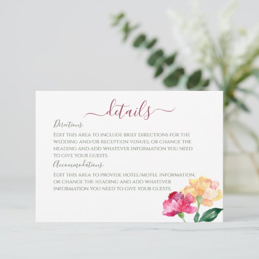 Nelken & Vergessen Sie mir keine Hochzeitsdetails Begleitkarte (Stehend Vorderseite)