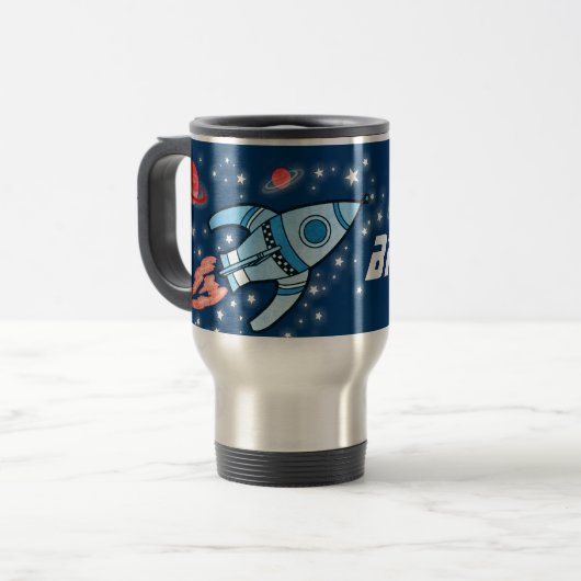 Nennen Sie Brody Raum-Marineblau-Raketenkinder Reisebecher (Vorderseite Links)