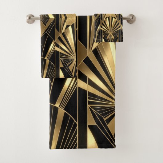 Neo Art Deco Black Gold Geometric Gatsby Badhandtuch Set (Insitu)