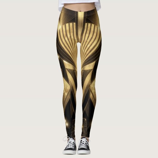 Neo Art Deco Black Gold Geometric Gatsby Leggings (Vorderseite)