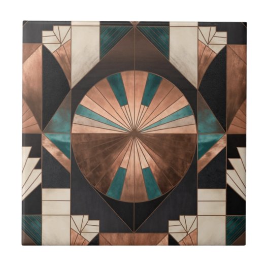 Neo Art Deco Geometric Teal Copper Gold Sunburst Fliese (Vorderseite)