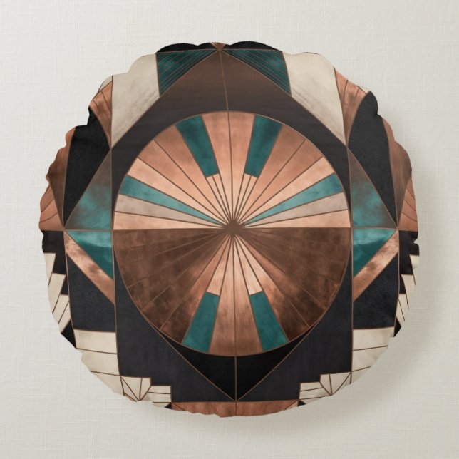 Neo Art Deco Geometric Teal Copper Gold Sunburst Rundes Kissen (Vorderseite)
