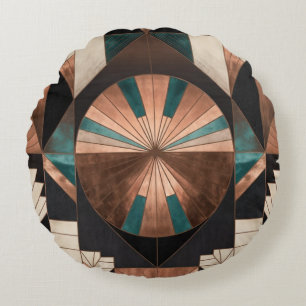 Neo-Art Deco Geometrischer Türkis-Kupfer-Gold-Sonn Rundes Kissen