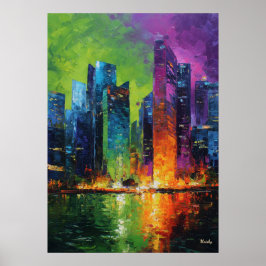 Neo Expressionist Singapore Skyline Vibrant Sunset Poster