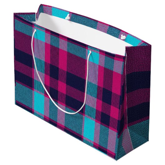 Neo-Fuchsia Karo Große Geschenktüte (Rückseite Schrägansicht)