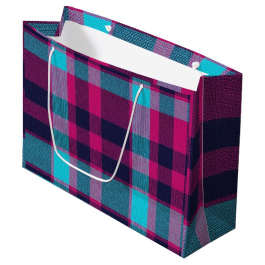Neo-Fuchsia Plaid Große Geschenktüte (Vorderseite Schrägansicht)