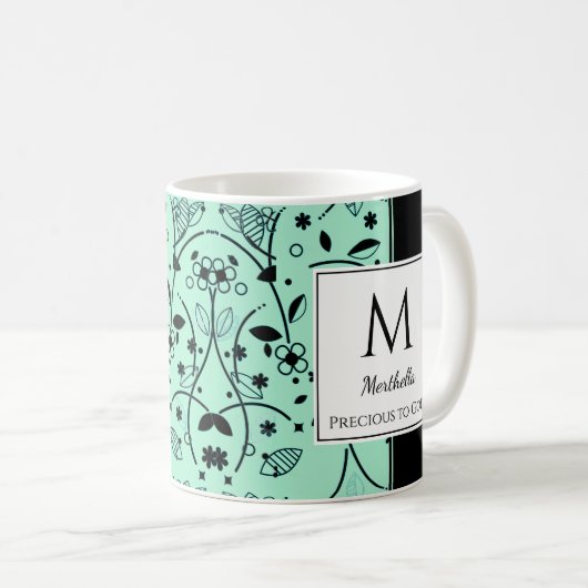 Neo Mint Black Floral WERTVOLL an GOD angepasst Kaffeetasse (VorderseiteRechts)