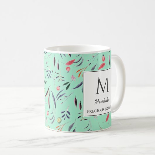 Neo Mint Floral WERTVOLL, um GOT Custom MONOGRAM Kaffeetasse (VorderseiteRechts)