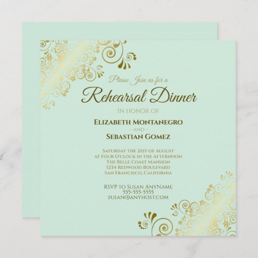 Neo Mint & Gold Hochzeit Probe Dinner Square Einladung (Vorne/Hinten)