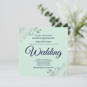 Neo Mint Green & Navy Blue Elegante Square Wedding Einladung