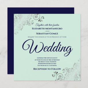 Neo Mint Green & Navy Blue Elegante Square Wedding Einladung