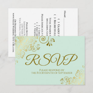 Neo Mint Grün & Elegante Goldspitze Frilly Hochzei RSVP Karte