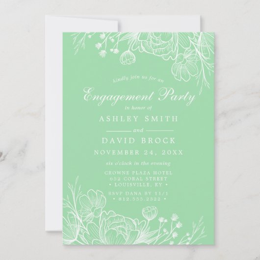 Neo Mint Modern White Floral Engagement Party Einladung (Vorderseite)