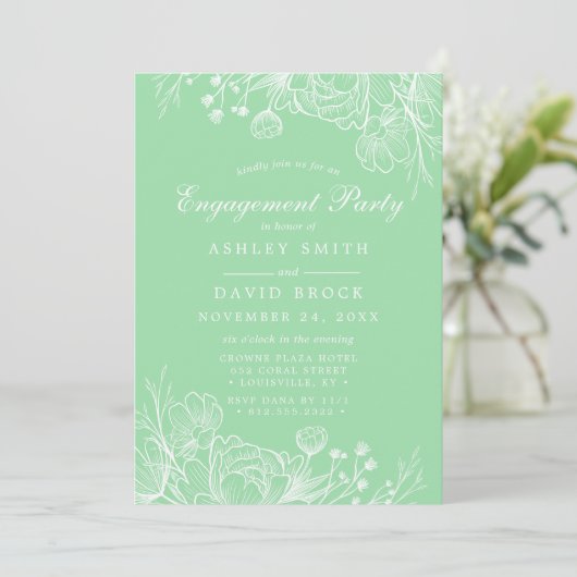 Neo Mint Modern White Floral Engagement Party Einladung (Stehend Vorderseite)
