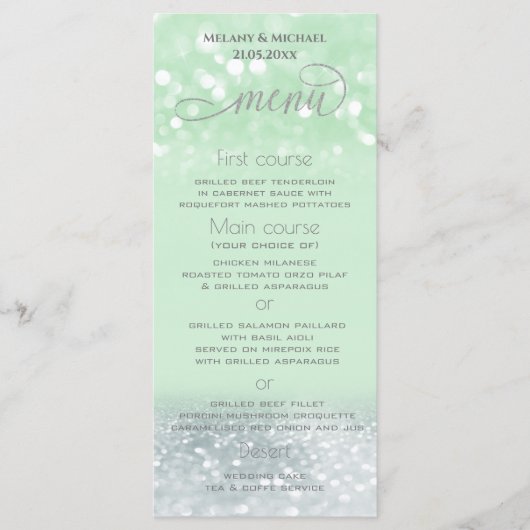 Neo mint silber-chic glittery trendy Kalligraphie Menükarte (Vorderseite)