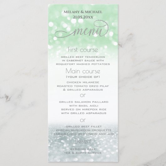 Neo mint silber-chic glittery trendy Kalligraphie Menükarte (Vorderseite)