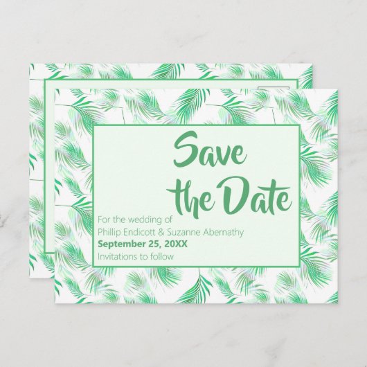 Neo Mint Tropical Palm Blätter Save the Date Ankündigungspostkarte (Vorne/Hinten)