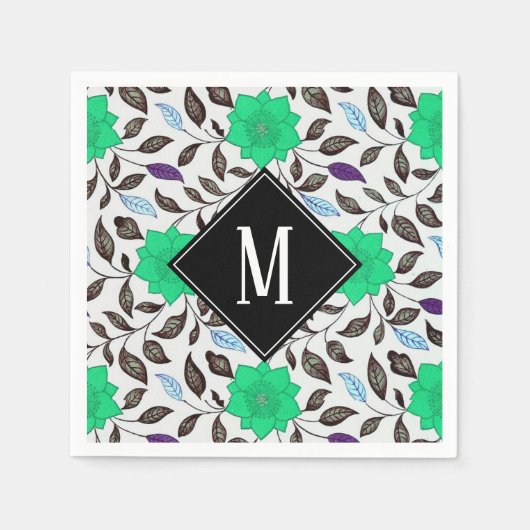 Neo-Mint-Vintage-Blumen-Mohn-Muster-Monogramm Serviette (Vorderseite)