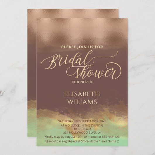 Neo-Minze Zimt Rose Goldfolie Aquarell Einladung (Vorne/Hinten)