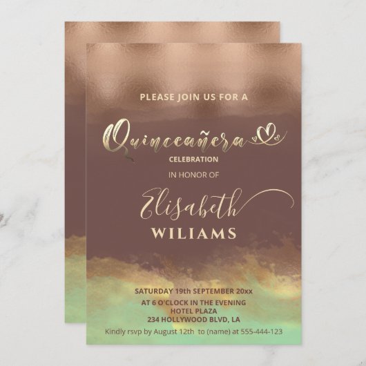 Neo-Minze Zimt Rose Goldfolie Aquarell Quince Einladung (Vorne/Hinten)