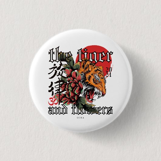 Neo-traditionelle brüllende Tiger & Blumen Gothic- Button (Vorderseite)