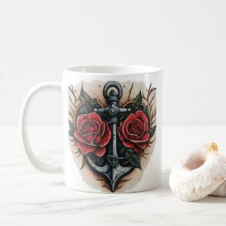 Neo-Traditionelle Rose und Anchor Tattoo Kaffeetasse