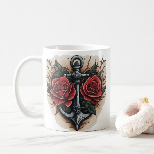 Neo-Traditionelle Rose und Anchor Tattoo Kaffeetasse (Mit Donut)