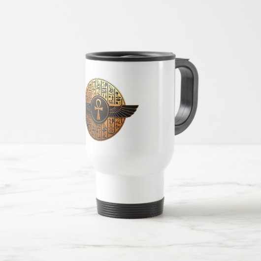 NeoAnkh 3D Golden Winged Ankh & Hieroglyphs Disk Reisebecher (VorderseiteRechts)