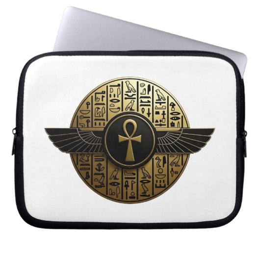 NeoAnkh 3D Golden Winged Ankh & Hieroglyphs Laptopschutzhülle (Vorderseite)
