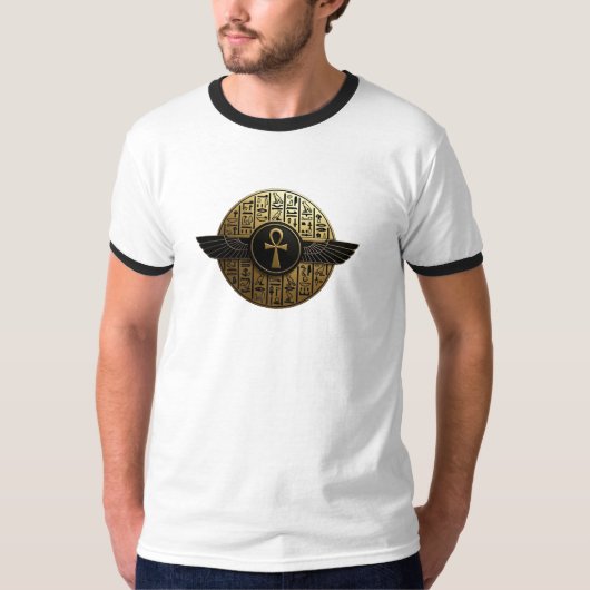 NeoAnkh 3D Golden Winged Ankh & Hieroglyphs T-Shirt (Vorderseite)