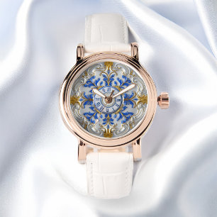Neoclassic Porzellan Rokoko Style Blue Gold Watch Armbanduhr
