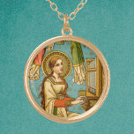 NeoGothic St. Cecilia of Rome (Einzelheiten; BNG 0 Vergoldete Kette<br><div class="desc">In diesem Detail aus einem prächtigen neogotischen schweizer Hingabe, St. Cecilia von Rom (3. Jahrhundert) wird gezeigt, wie man eine aufrechte Pfeifenorgel vor einem Aquarell spielt, der mit Goldsteinen und Sternen gemustert ist. Ihr langes Aubrandhaar hängt locker und stürzt über die Schultern und den Rücken hinab. Sie trägt ein mittelalterliches,...</div>