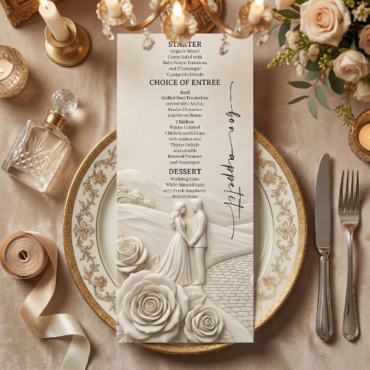 Neoklassische Cream-Garten-Romanze-Hochzeit Menükarte