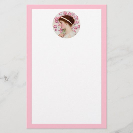 Neoklassische Dame mit rosa Tulpen Briefpapier (Vorderseite)