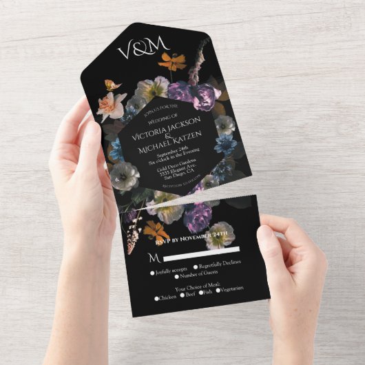 Neoklassische Mondlicht-Blütenblume All In One Einladung (Abreißen)