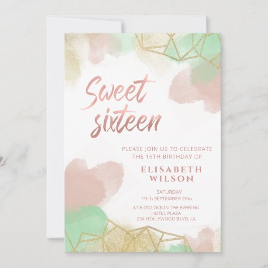 Neomint Rosa Aquarellfarben, geometrische Einladun Einladung (Vorderseite)