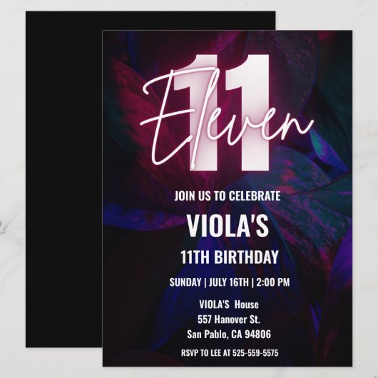 Neon 11. Geburtstag Einladung (Vorne/Hinten)