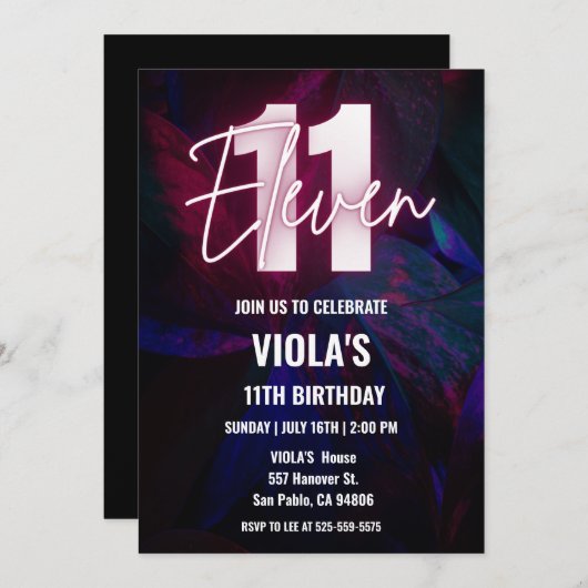 Neon 11. Geburtstag Einladung (Vorne/Hinten)