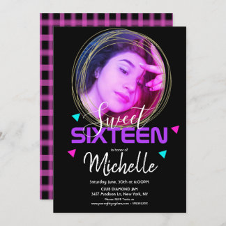 Neon 16 . Geburtstag Gold Ring Confetti Foto Grid Einladung