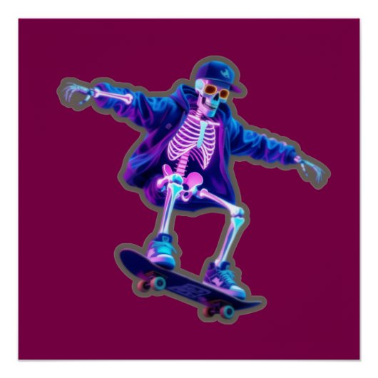 Neon 3D Skeleton Skateboarding – Funny Streetwear Poster (Vorderseite)