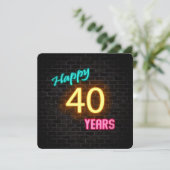 Neon 40. Geburtstag Auf Ziegelstein leuchtendes Ze Einladung (Stehend Vorderseite)